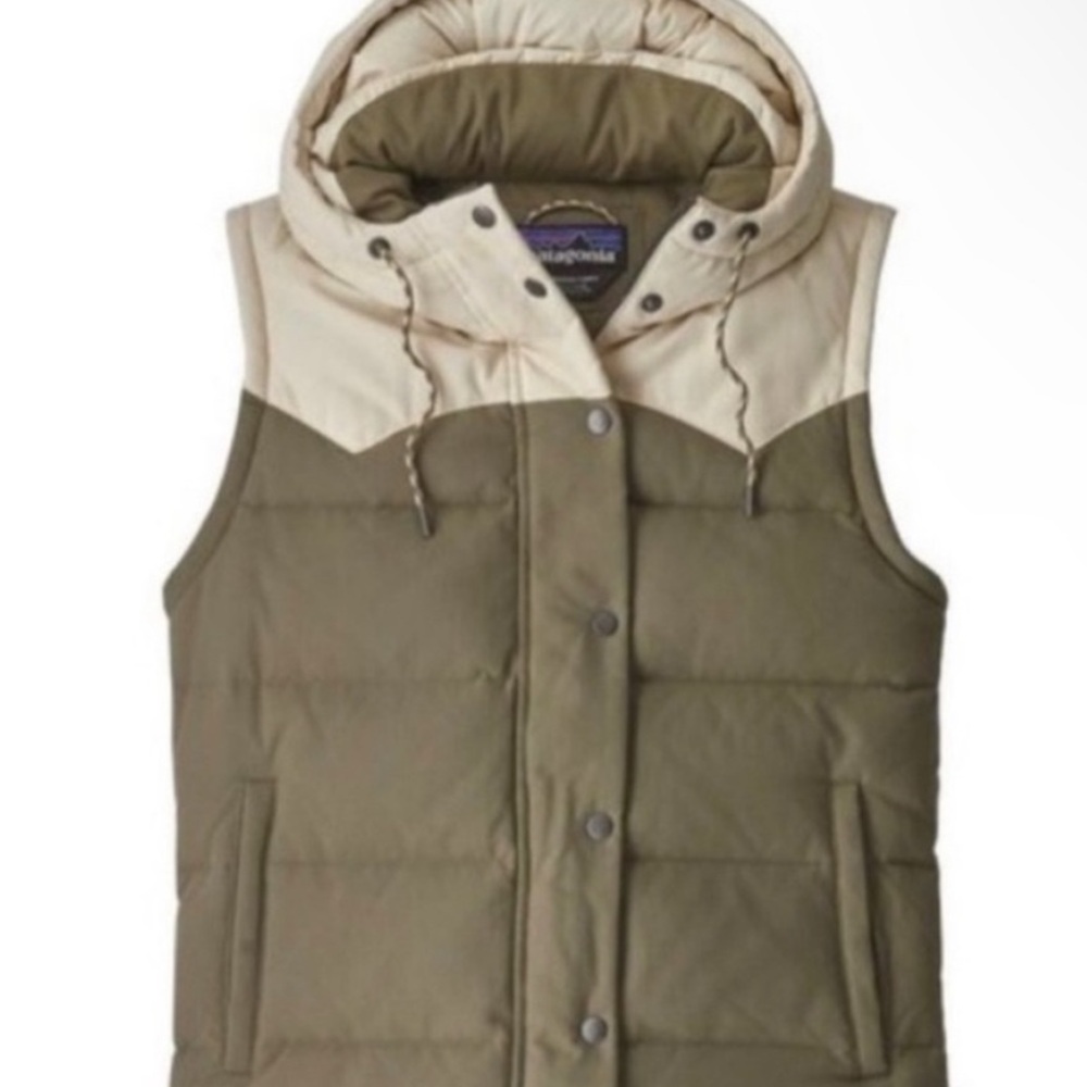 Patagonia Bivy Vest-Down Filled-Green + Cream with hood + snaps- size small